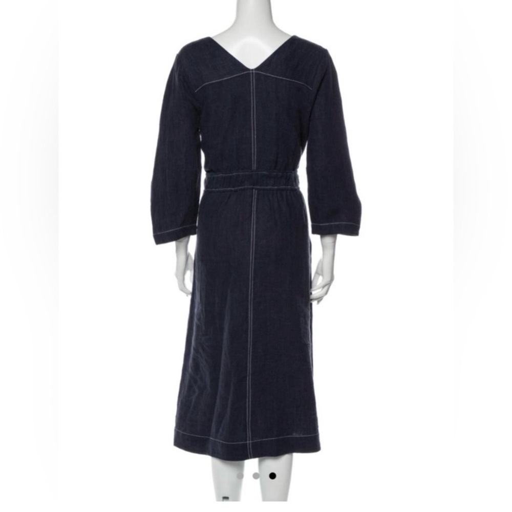 Sea New York Sz 8 Navy Blue w White Contrast Stitching Linen Midi Dress
